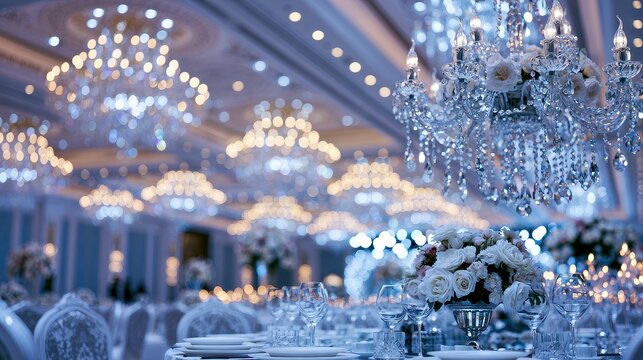 Sophisticated celebration timeless elegance refined decor upscale entertaining memorable occasion selective focus classic luxury theme realistic Fusion crystal chandelier banquet hall backdrop. 