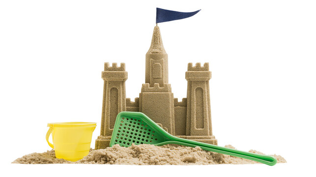 Sandcastle with bucket and shovel on sand