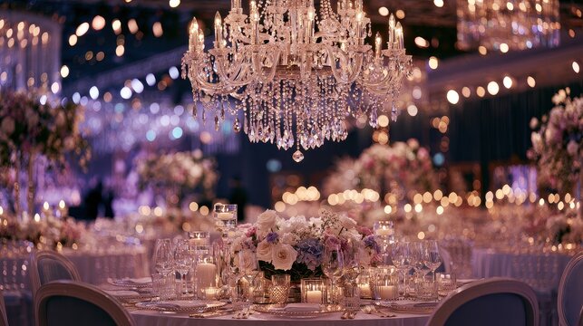 Sophisticated celebration timeless elegance refined decor upscale entertaining memorable occasion selective focus classic luxury theme realistic Fusion crystal chandelier banquet hall backdrop. 