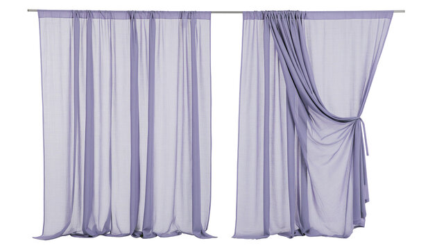 Sheer lavender curtains with vertical stripes, tied back on the right