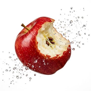 Fresh red apple with a bite taken out and splashing water droplets. apfel angebissen