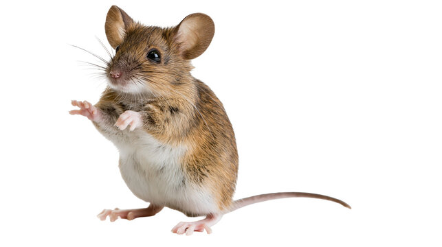 Small brown mouse with white belly and large ears standing on hind legs