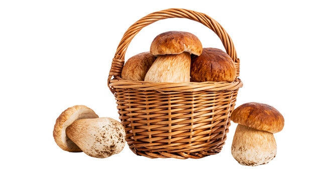 Porcini mushrooms in woven basket with loose mushrooms