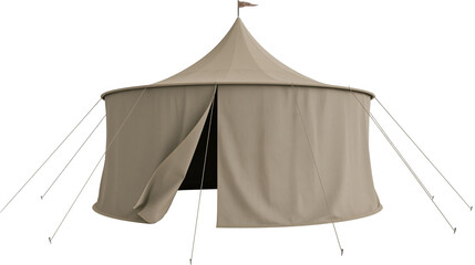 Large beige circus tent with open entrance and guy ropes © Corman