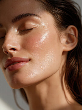 Woman enjoying morning skincare routine with glistening skin