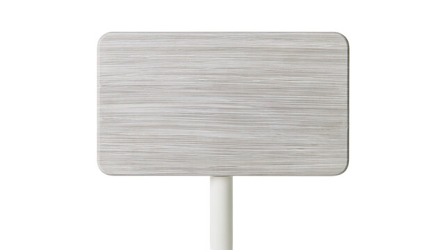 Rectangular wooden sign with rounded corners on a white post
