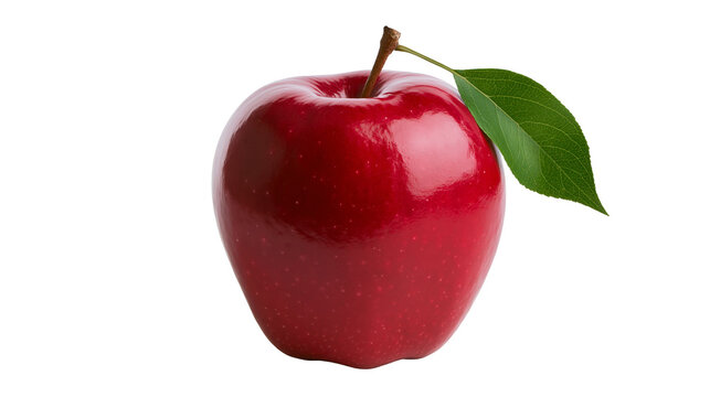 Red apple with green leaf and stem