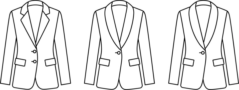 Women's formal blazer jacket collection fashion design sketches showing varied lapel styles in professional technical drawing image_373c66.jpg