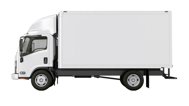 White box truck with aerodynamic cab and dual rear wheels
