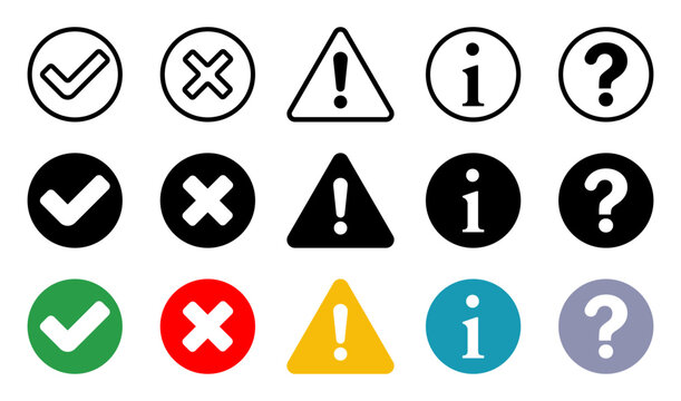 Status and support icon set vector. Check, mark, cross, warning, information and help symbols in outline, filled and colorful styles for UI, app, web, dashboard, interface, notification, validation an