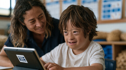 Obraz premium Maori boy with Down syndrome uses an eye-tracking assistive technology device mounted on a tilted tablet stand, a special education facilitator kneeling beside him in a resource