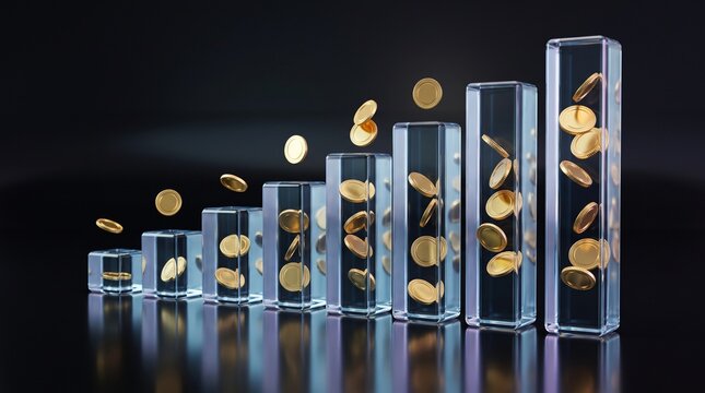 Gold coins rising inside glass financial bar chart representing business growth and investment success with business investment financial