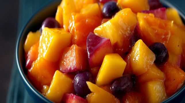 Bowl of fresh fruit salad with diced peaches plums and blueberries close up, blueberries