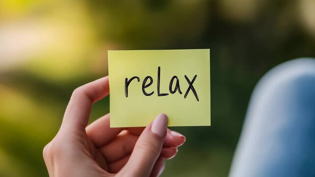 Human hand gripping sticky note inscribed with word relax against softly blurred outdoor landscape, representing mental wellness and stress reduction strategies