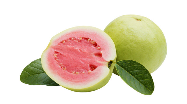 Pink Guava Half and Whole Fruit with Green Leaves
