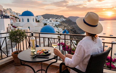 Beautiful Woman Enjoying Glass of Wine at Romantic Sunset on Luxury Balcony Terrace in Santorini Greece with Stunning Sea View and Iconic Blue Domes © DIGADO