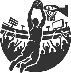 Basketball player performing a slam dunk in crowded arena © PIXAVIVE