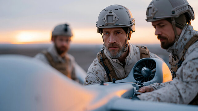 A realistic commercial stock photo of a mobile deep strike drone launch team preparing a long-range UAV resembling "Lyutyi" on a remote, dirt launch road. Three technicians in tact