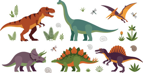 Prehistoric dinosaur vector collection featuring cute cartoon tyrannosaurus rex brachiosaurus pterodactyl triceratops stegosaurus and spinosaurus characters with ancient plants and ammonite fossils © Lili Begum