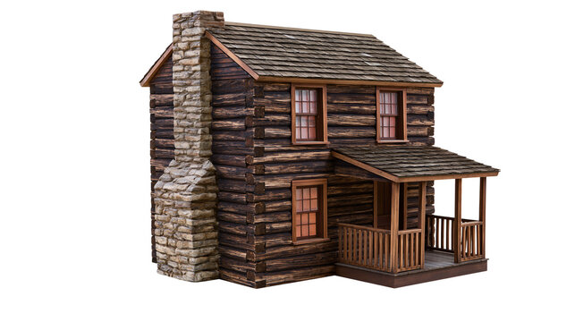 Rustic log cabin with stone chimney and wooden porch