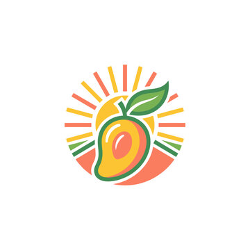 Stylized mango fruit logo with sunburst background.