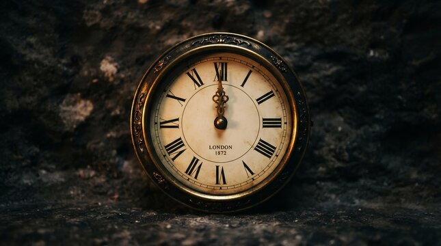 Vintage Clock Striking Midnight on Stone Surface, New Year's Eve Celebration and Countdown Concept
