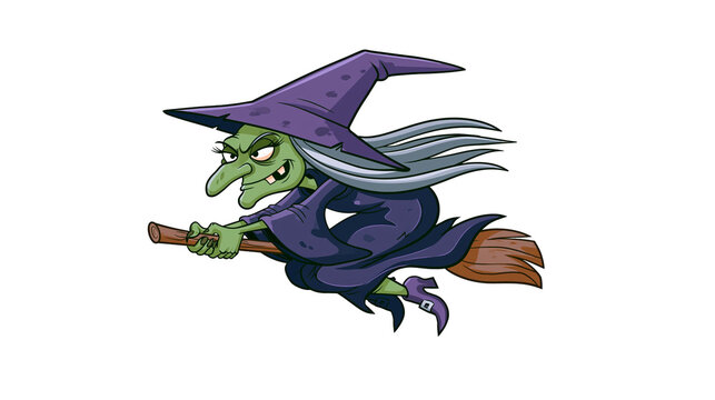 Green witch with purple hat and dress flying on broomstick