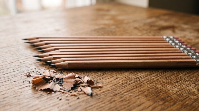 Row of sharpened wooden pencils with graphite shavings on rustic wooden table sharpened stationery graphite shavings supplies academic