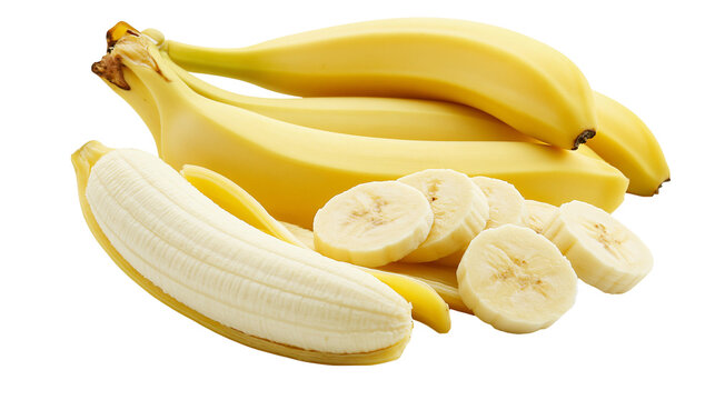 Bunch of ripe yellow bananas, one peeled with slices