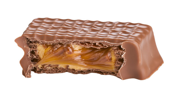 Chocolate bar with caramel and nougat filling, cross section