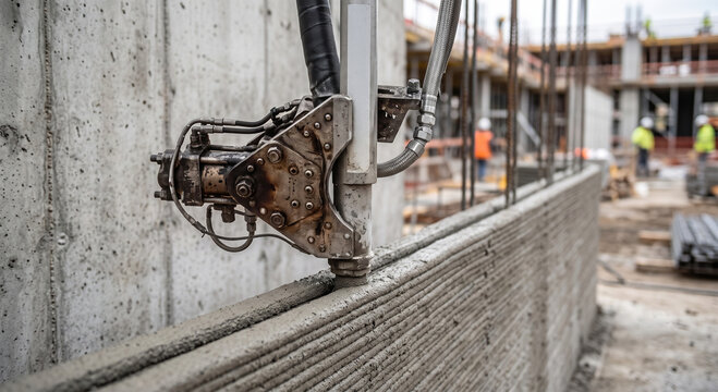 3D construction printing nozzle extruding concrete layer for wall building, innovative architecture