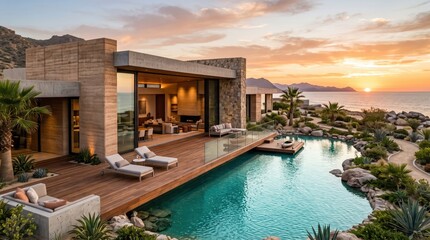 Fototapeta premium Modern stone villa beside lagoon and sea at sunset
