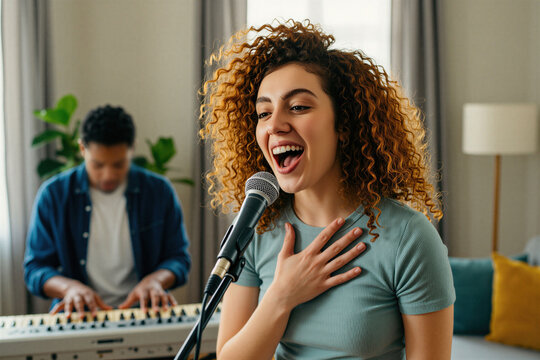 Young woman sings into microphone with passion. Man plays keyboard instrument behind her. People make music together at home for fun and joy. This duo creates a cozy concert vibe.