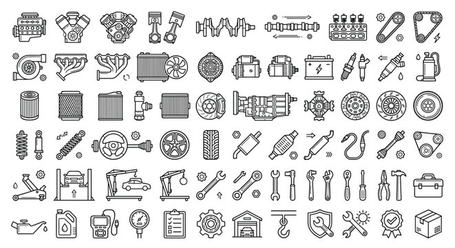 Car engine parts and mechanic tools line icon set featuring pistons crankshaft brake discs suspension shock absorbers turbocharger garage repair equipment vector
