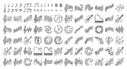 Musical notes and instruments line icon set featuring acoustic guitar grand piano treble clef staff audio sound waves and melodic swirl design elements vector © MDBIPLOB
