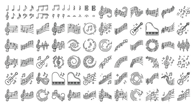 Musical notes and instruments line icon set featuring acoustic guitar grand piano treble clef staff audio sound waves and melodic swirl design elements vector