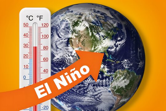 El Nino climate phenomenon illustration with rising arrow on world map and thermometer showing high temperature global warming impacts on north and south America weather patterns news.