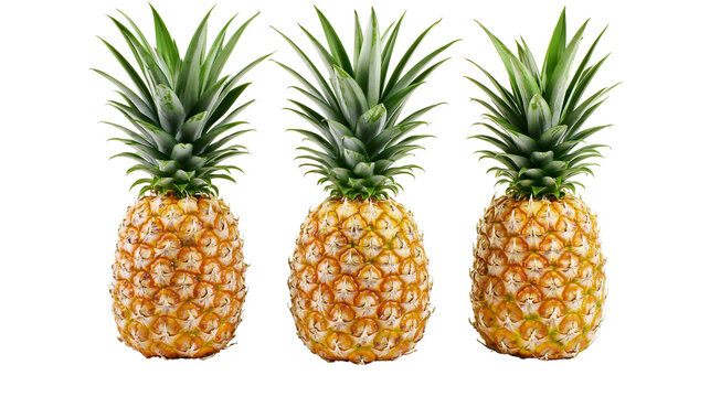 Three ripe pineapples with green leafy crowns