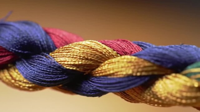 Macro shot of colorful braided silk embroidery threads