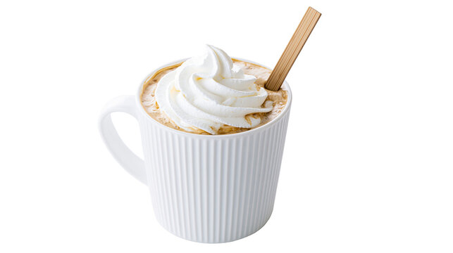 White mug with whipped cream coffee and wooden stick