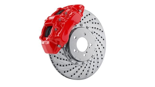 Red performance brake caliper and vented rotor