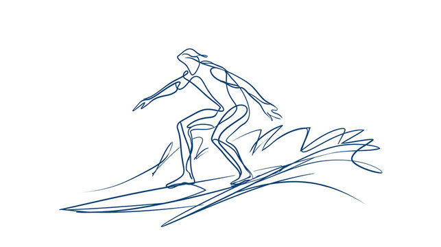 Surfer riding a wave in continuous line art style