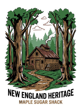 Rustic vintage New England maple sugar shack in a forest with sap buckets on trees, retro graphic illustration for t-shirt design and branding.