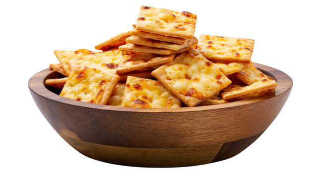 Square cheese crackers piled high in wooden bowl