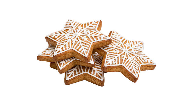 Star shaped gingerbread cookies with white icing snowflake pattern