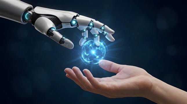 Human and robot hands connecting over a glowing digital energy sphere representing the collaboration between humanity and artificial intelligence.