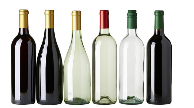Assortment of six wine bottles with different colored glass and caps