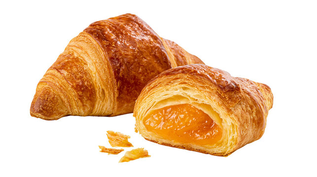 Golden croissants filled with orange marmalade, one cut in half