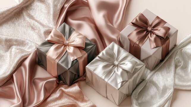 Wrapped presents satin ribbons exclusive surprises gratitude generosity copy space refined lifestyle theme ethereal Overlay elegant boutique display backdrop.