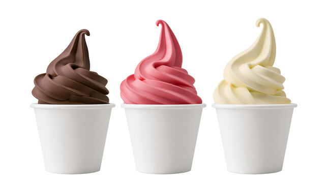 Three soft serve ice cream cups chocolate strawberry, vanilla